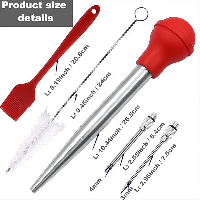 Turkey Baster, 18/8 Stainless Steel Turkey Baster Syringe for Cooking, Meat Injector Baster Set with 2 Needles & 2 Cleaning Basting Brush, Baster for Flavor Meat Poultry, Beef&Chicken Yellow
