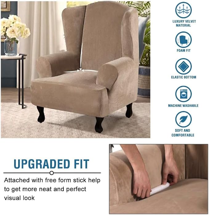 H.VERSAILTEX Wingback Chair Covers Velvet Plush Wing Chair Slipcover 1 Piece High Stretch Wing Back Chair Slipcovers Sofa Cover Furniture Cover with Elastic Bottom, Camel