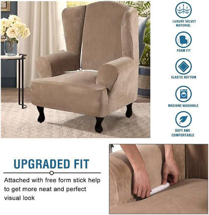 H.VERSAILTEX Wingback Chair Covers Velvet Plush Wing Chair Slipcover 1 Piece High Stretch Wing Back Chair Slipcovers Sofa Cover Furniture Cover with Elastic Bottom, Camel