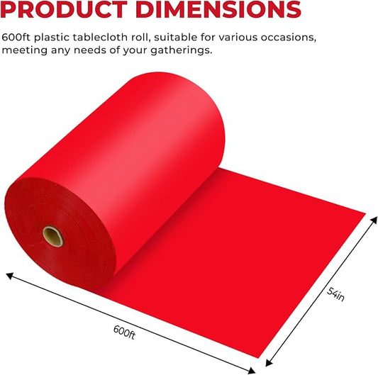 54 Inch X 600 Feet Plastic Table Cover Roll Premium Disposable Plastic Tablecloth for All Type/Shape Tables | Picnic, Party, Banquet, Birthdays, Weddings (Red, 54 Inch X 600 Feet)