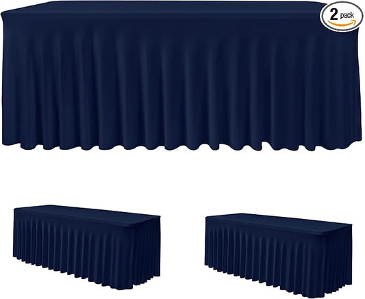 2 Pack Navy Spandex Table Covers 6ft Rectangle Ruffle Skirts for Party | Elastic Table Covers 6 Foot, Pleated Fitted Table Cloths, Wrinkle Resistant Elegant Table Skirts Wedding, Banquets