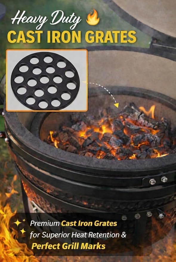 13-in W Kamado Grill with Built-in Thermometer, Oval Grill with Cast Iron Grates, Bamboo handle, Portable Ceramic Grills with Low Stand for Backyard, Patio, Deck grilling, Black