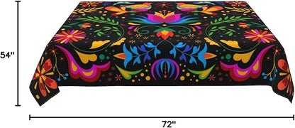 Mexican Floral Table Cloth, Waterproof Mexican Flower Tablecloth for Kitchen Dining Room, Picnic Party, Weddings, Outdoor Indoor 54x72 in Rectangle Black Table Cover