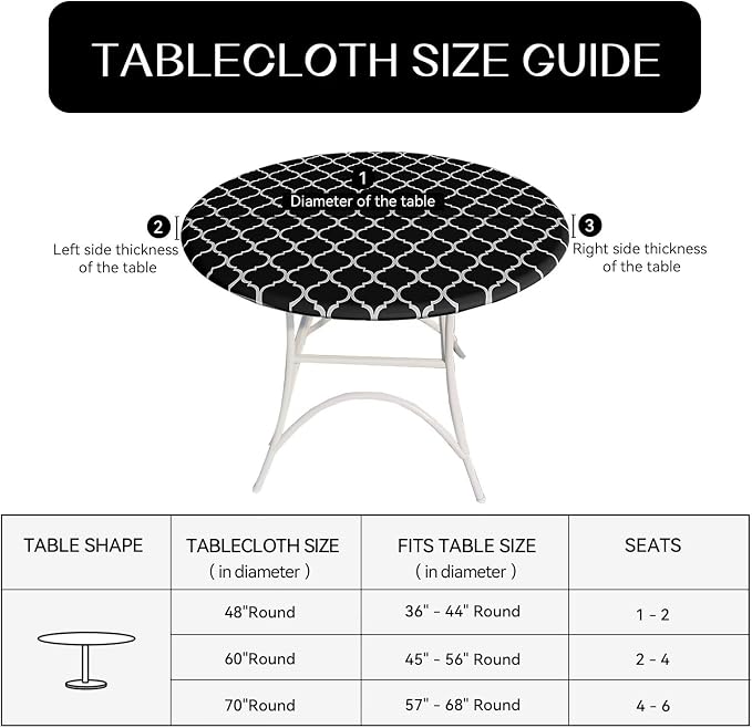 Romanstile Round Fitted Vinyl Tablecloth with Elastic Edge 100% Waterproof | Table Covers for 36"- 44" Tables, Wipeable Flannel Backed Plastic Table Cloths for Dinner Picnic Camping, BlackMoroccan