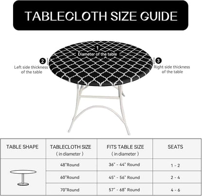Romanstile Round Fitted Vinyl Tablecloth with Elastic Edge 100% Waterproof | Table Covers for 45"- 56" Tables, Wipeable Flannel Backed Plastic Table Cloths for Dinner Picnic Camping, BlackMoroccan