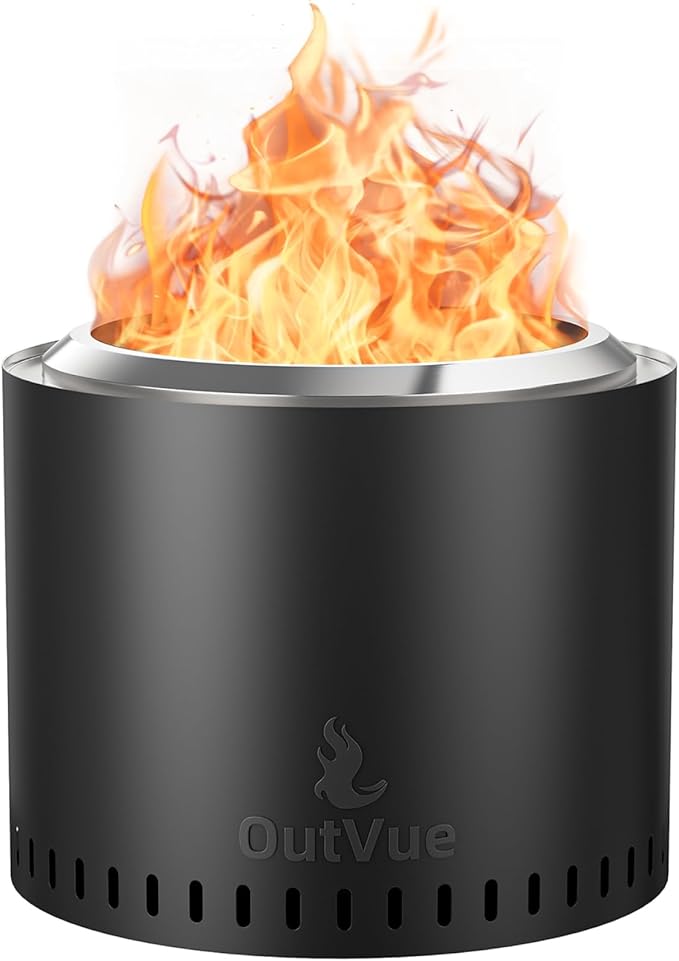 OutVue 19.5 inch Stainless Steel Smokeless Fire Pit, Outdoor Smokeless Firepit with Tote Bag&Fire Poker, Wood Burning Fire Pits for Camping, Bonfire, Low Smoke Firepit for Outside