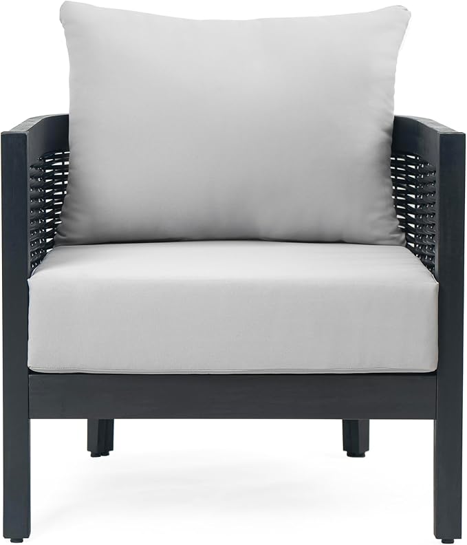 Christopher Knight Home Newine Acacia Wood Patio Accent Chair, Wooden Lounge Chair Outdoor, Wicker Club Chair with Removable Cushion, Comfy Reading Chair for Backyard/Garden/Balcony, Black+Light Grey