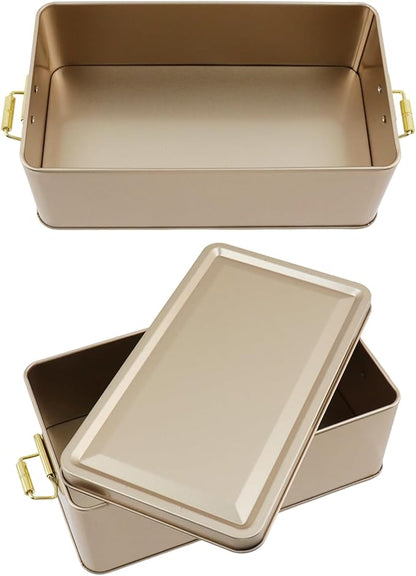 2 Pcs Metal Tin Lunch Storage Box, Tinplate Rose Gold Containers with Lid Buckle Latch for Outdoor, Picnic, Home (7.28"×4.13"×2.56", Rose Gold)