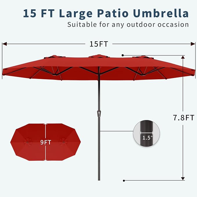 PatioKingdom 15FT Large Patio Umbrella with Base, Double Sided Rectangular Outdoor Umbrella with Sturdy Fiberglass Ribs, Market Umbrella for Pool,Garden,Backyard,Deck (Red, 15FT)