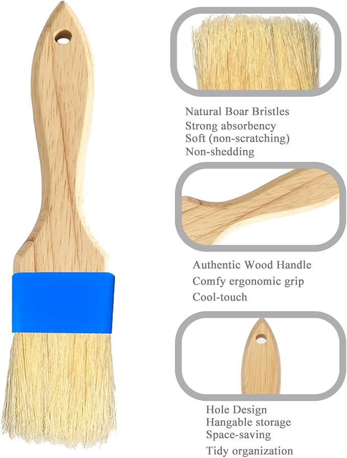Natural Boar Bristle Pastry Brush,Heat Resistant Basting Brush for Cooking, BBQ, Baking, Food Grade Wooden Handle Oil Brush for Egg Wash, Butter,Marinade, Sauce, Dishwasher Safe(1",1.5",3PC)