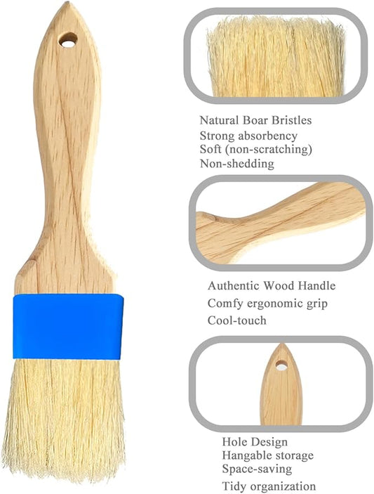 Pastry Basting Brush - Food Grade, Non-Shedding Natural Bristle, Heat Resistant Wooden Handle, Durable Kitchen Tool for Baking, Cooking, Butter, Egg Wash, Glazing, Oil, Sauce (Set of 2, 1.5", Blue)