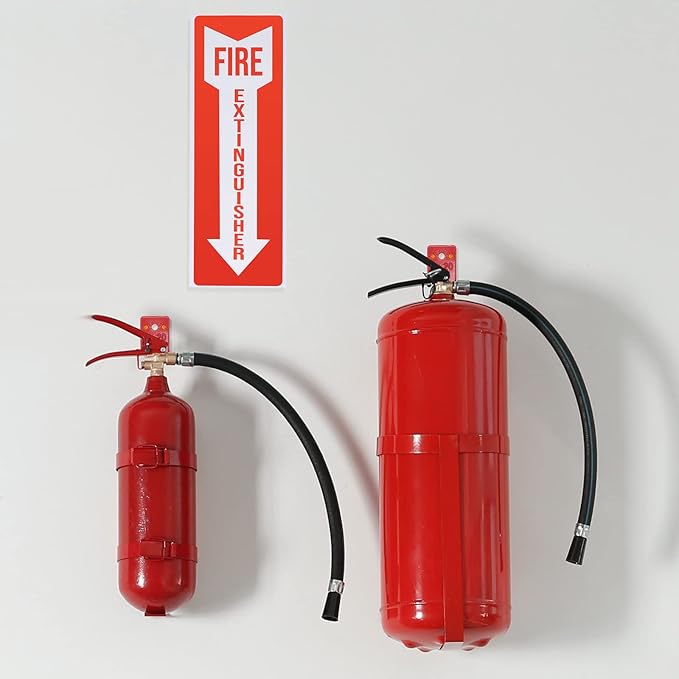 2 Pack Fire Extinguisher Holder and 4 Pieces Fire Extinguisher Sign Sticker, 20lb Fire Extinguisher Wall Hook Mount Bracket for Big and Small Fire Extinguishers, Indoors and Outdoors