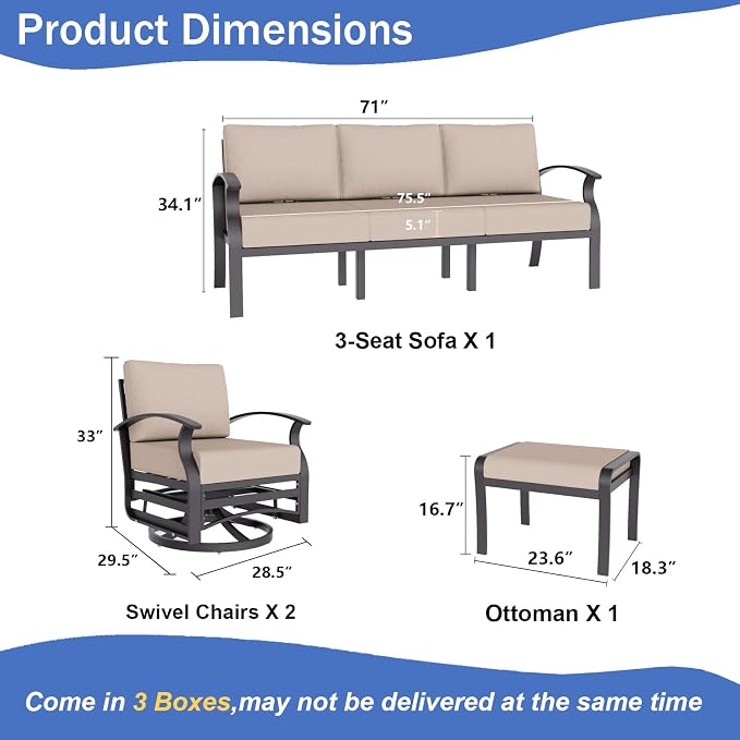 ALAULM Aluminum Patio Furniture Set with Swivel Chairs 7-seat Metal Outdoor Furniture Patio Sectional Sofas w/2 Ottomans for Porch, Backyard, Poolside-Sand