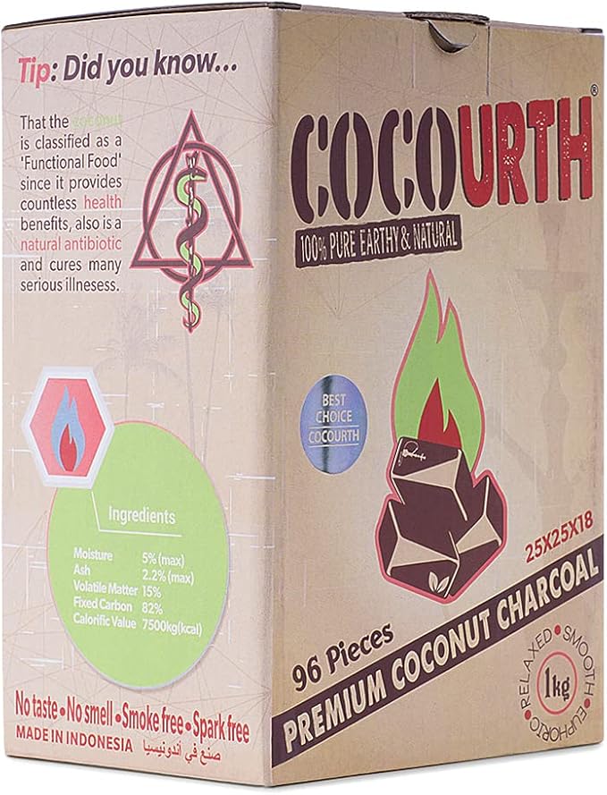Natural Hookah Coconut Shell Charcoal Flat 25x25x18mm 96 PCS Electric Burner Briquettes Used Also for Cooking, Grilling, Barbecuing, Incense Narguile Coal (1kg)