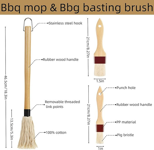 18.3" Removable Rubberwood Long Handle BBQ Mop 4 Pcs Pure Cotton Replacement Brush Heads 2 Pcs Food Grade Bristle BBQ Brush for Sauce Suitable for Grilling and Smoking Steaks
