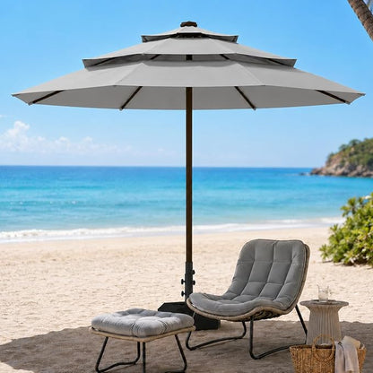 10ft Patio Umbrella, 3-Tier Vented Outdoor Table Umbrella with 8 Sturdy Fiberglass Ribs, Windproof Market Umbrella with Push Button Tilt and Crank, UV Protection for Deck, Pool, Light Gray