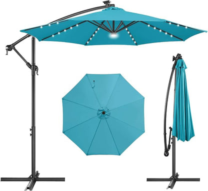 10 ft Solar Patio Umbrella Cantilever with Centre Light, Aqua Blue | 40 LED Lights, UV Protection, Large Offset Patio Umbrella Outdoor for Garden, Deck, Backyard, Pool, Porch, Provides Shade