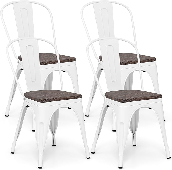 COSTWAY Stackable Metal Dining Chairs Set of 4 with Wood Seat and High Back | White, Industrial Vintage Style, Elm Wood Seat Board, 18 Inch, for Dining Room, Kitchen, Bar, Cafe, Bistro, Restaurant