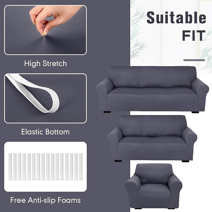 Peryiter 3 Pcs Couch and Loveseat Sofa Covers,Dark Gray,Milk Silk | Armchair Covers for Living Room, Sofa Cushion Slipcover, Furniture Protector, Polyester and Spandex, Washable
