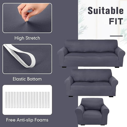 Peryiter 3 Pcs Couch and Loveseat Sofa Covers,Dark Gray,Milk Silk | Armchair Covers for Living Room, Sofa Cushion Slipcover, Furniture Protector, Polyester and Spandex, Washable