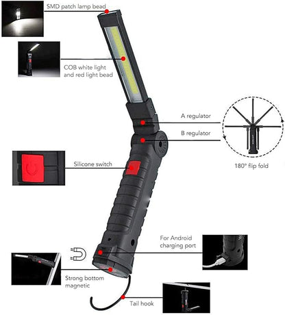 2Pcs Rechargeable LED Work Light Magnetic Base Portable Foldable COB Worklight Grill Light for Outdoor Camping Maintenance 3.7V 10W