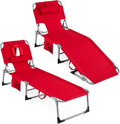 Goplus Tanning Chair, Folding Adjustable Patio Lounger w/Face Arm Holes, 4-Position, 330 LBS, Removable Cushion,Carry Strap, Outdoor Sunbathing Chair, Lightweight Portable Beach Lounge Chair (2, Red)