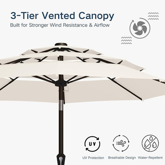 10FT Patio Umbrella 3 Tiers Outdoor Market Umbrella w/Push Button Tilt, Crank, UV and Waterproof Table Umbrella for Garden, Pool, Backyard, Deck, Lawn, Creamy White