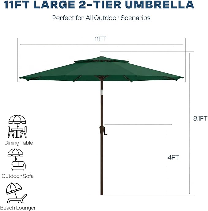 Patio Umbrella, 2 Tier Outdoor Table Umbrella, Large Vented Market Umbrellas with Push Button Tilt and Crank, 8 Sturdy Ribs for Backyard, Deck, Pool, UPF50+ UV Protection