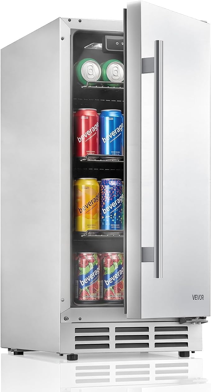 VEVOR Outdoor Beverage Refrigerator, 15 Inch Undercounter Drink Fridge | 304 Stainless Steel Body, 3.0 Cu. Ft, Hold 94 Cans, Powerful Cooling System, Built-in / Freestand Cooler, Home Bar & Patio