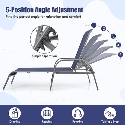 Tangkula Outdoor Lounge Chair, Patio Chaise Lounge with Adjustable Backrest, Reclining Pool Lounge Chair for Outside with Heavy Duty Steel Frame for Beach, Yard, Balcony, Poolside (Navy)