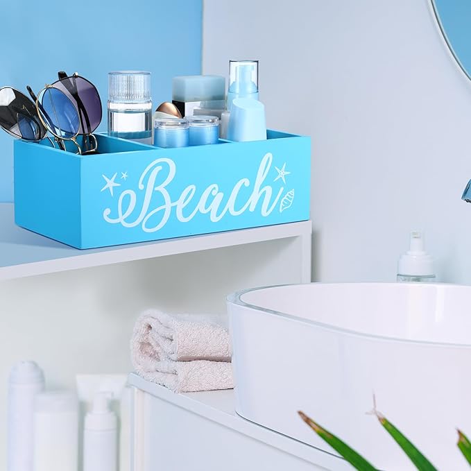 CroBlissful Beach Storage Basket Blue Summer Beach Wooden Box with 3 Compartments Toilet Tank Tray for Indoor Outdoor Swimming Pool Decor Sunblock Sunglasses Pool Toy Storage Box