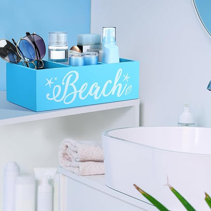 CroBlissful Beach Storage Basket Blue Summer Beach Wooden Box with 3 Compartments Toilet Tank Tray for Indoor Outdoor Swimming Pool Decor Sunblock Sunglasses Pool Toy Storage Box