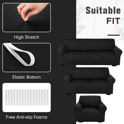 Peryiter 3 Pcs Couch and Loveseat Sofa Covers,Black,Milk Silk | Armchair Covers for Living Room, Sofa Cushion Slipcover, Furniture Protector, Polyester and Spandex, Washable