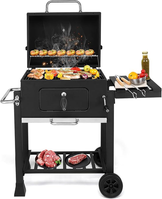 Charcoal Grill,Outdoor BBQ Grill,Outdoor Smoker with Side Tables & Wheels,Heavy-Duty BBQ Grill for Backyard Griller Party BBQ Picnic Patio Cooking