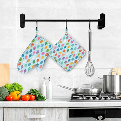 Mxocom Easter Eggs Oven Mitt and Pot Holder with Silicone Easter Colored Eggs on Blue Background Heat Resistant Kitchen for Cooking BBQ Baking Grilling Spring/Summer