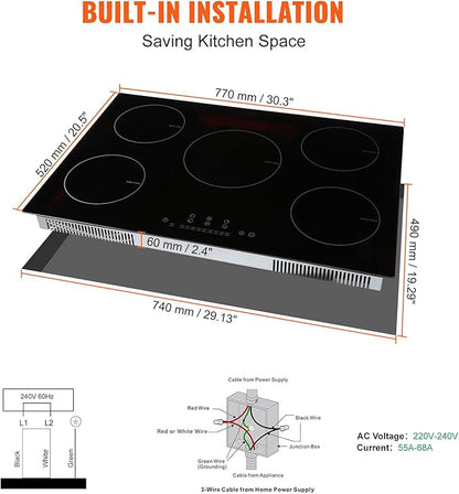 VEVOR Built-in Induction Electric Stove Top 30 Inch,5 Burners Electric Cooktop,9 Power Levels & Sensor Touch Control,Easy to Clean Ceramic Glass Surface,Child Safety Lock,240V