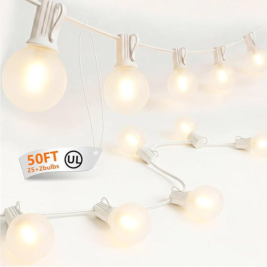 White Outdoor String Lights, 50FT G40 LED Patio String Lights with 25 Frosted Shatterproof Bulbs, Waterproof Bistro Lights for Outside Garden Backyard Wedding Party, 2700K Warm White