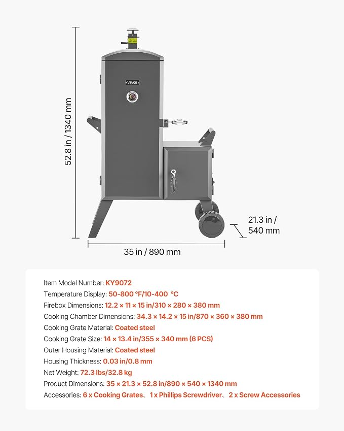 VEVOR Charcoal Offset Smoker, Heavy-Duty Steel BBQ Offset Smoker with Side Firebox, Movable Outdoor Barbecue Smokers with 6 Adjustable Grates, Thermometer & Air Vents for Backyard Patio Party Cooking