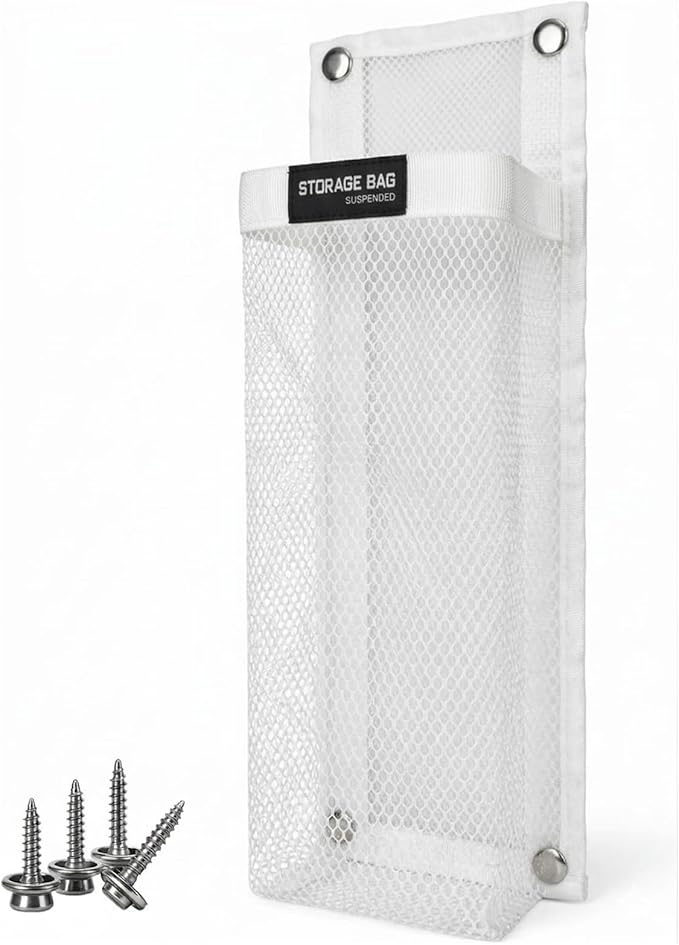 Marine Mesh Single Pocket Boat Gear Storage Bag, Black Fabric Marine Fire Extinguisher Holder, Screw Snap Mount (White, Medium)