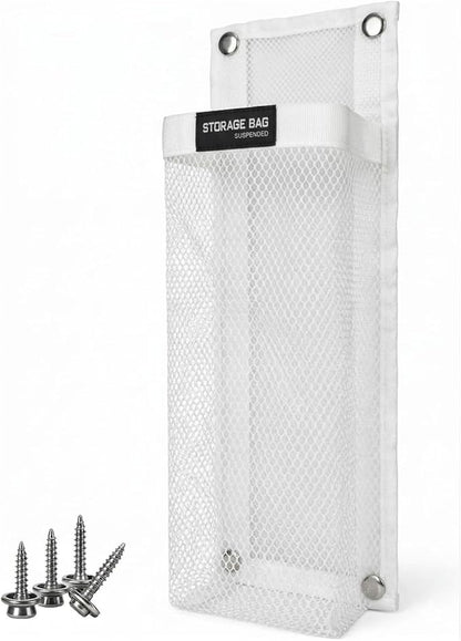 Marine Mesh Single Pocket Boat Gear Storage Bag, Black Fabric Marine Fire Extinguisher Holder, Screw Snap Mount (White, Medium)