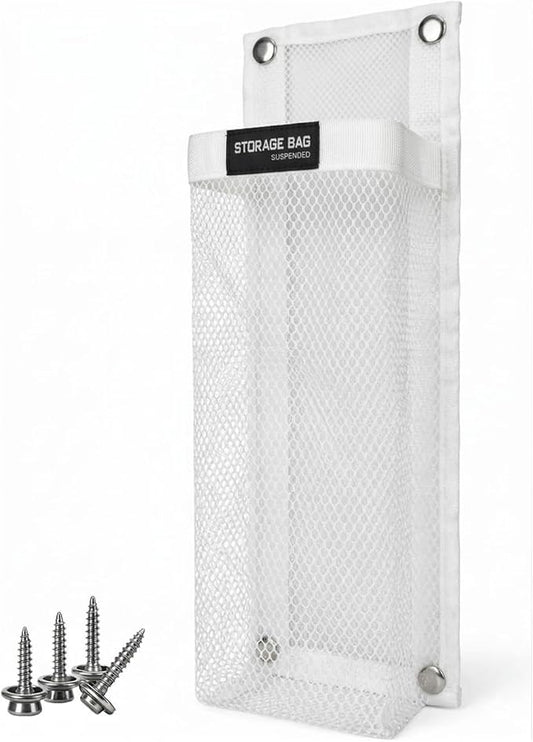 Marine Mesh Single Pocket Boat Gear Storage Bag, Black Fabric Marine Fire Extinguisher Holder, Screw Snap Mount (White, Medium)