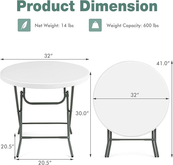 Goplus 32'' Round Folding Table, Foldable Plastic Card Table, Portable Commercial Banquet Table, White Outdoor Utility Folding Tables for Picnic, Party, Dining, Camping, Beach, BBQ, No Assembly