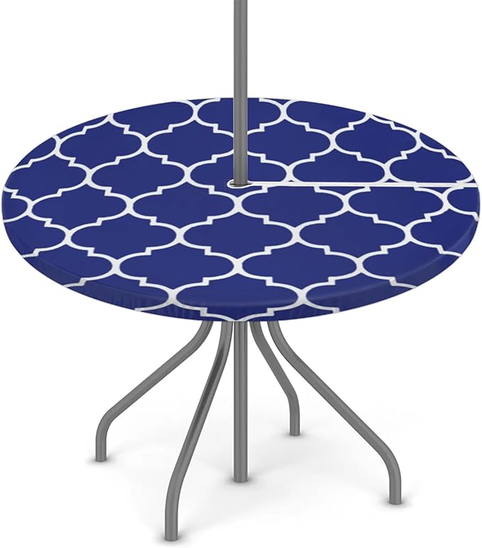 Fitted Round Tablecloth with Umbrella Hole and Zipper Navy Blue Outdoor Elastic Table Cloth 36"-44" Oil-Proof Waterproof Patio Table Cover for Dining Picnic Camping