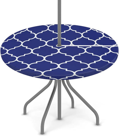 Fitted Round Tablecloth with Umbrella Hole and Zipper Navy Blue Outdoor Elastic Table Cloth 36"-44" Oil-Proof Waterproof Patio Table Cover for Dining Picnic Camping