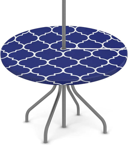 Fitted Round Tablecloth with Umbrella Hole and Zipper Navy Blue Outdoor Elastic Table Cloth 45"-56" Oil-Proof Waterproof Moroccan Patio Table Cover for Dining Picnic Party Camping