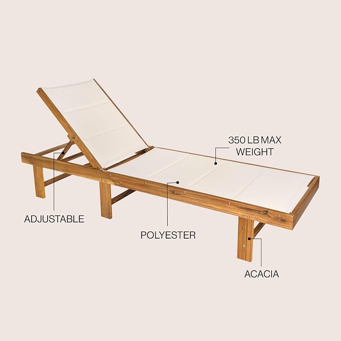 JONATHAN Y Lagunan 23.62" x 77.17" Acacia 5-Position Chair, White/Natural | Modern Coastal Reclining Patio Lounger, Foldable, Teak Oil Finish, 350lb Capacity, Breathable Mesh Sling Seat, Armless Design
