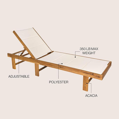 JONATHAN Y Lagunan 23.62" x 77.17" Acacia 5-Position Chair, White/Natural | Modern Coastal Reclining Patio Lounger, Foldable, Teak Oil Finish, 350lb Capacity, Breathable Mesh Sling Seat, Armless Design