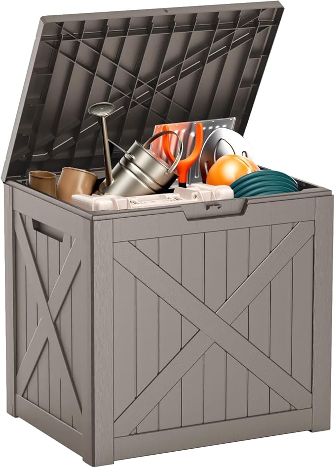 Vixzen 32 Gallon Outdoor Deck Box, Lockable Waterproof Storage Box, UV Resistant, Weather Resistance, Resin Outside Storage Bin for Gardening Tools, Pool Supplies (Grey, 32 Gallon)