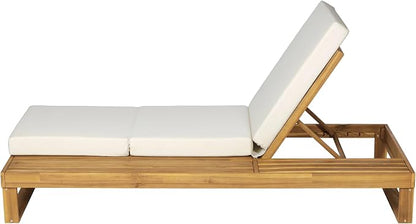 Merax 4-Piece Teak Finish Acacia Wood Chaise Lounge with 4-Inch Cream 3-Fold Water-Resistant Cushion Set, 4-Position Adjustable Outdoor Patio Lounger with Flat Side Surface, for Poolside