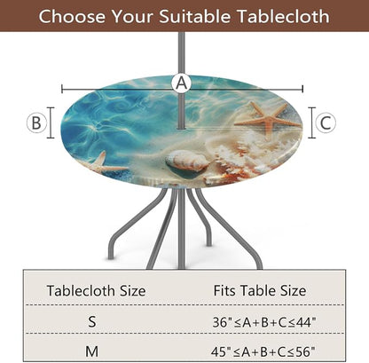 Round Outdoor Tablecloth with Umbrella Hole - Waterproof Patio Table Cover with Zipper Elastic Table Cloth Fits 36"-44" Tables for Party Cafe Garden Decor(Ocean Shells Starfish)